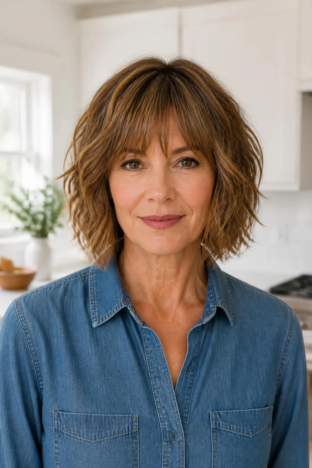 Textured bob with choppy point-cut bangs on thick hair for a woman over 50