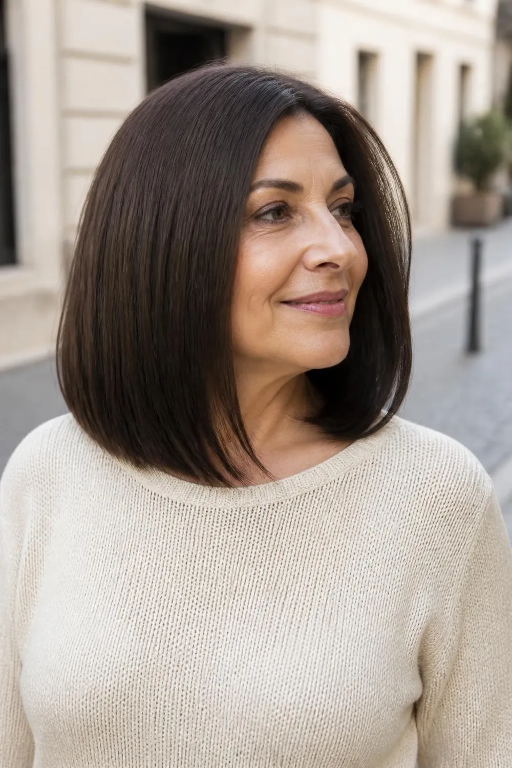 Collarbone lob with slide-cut ends on thick hair for a woman in her 50s