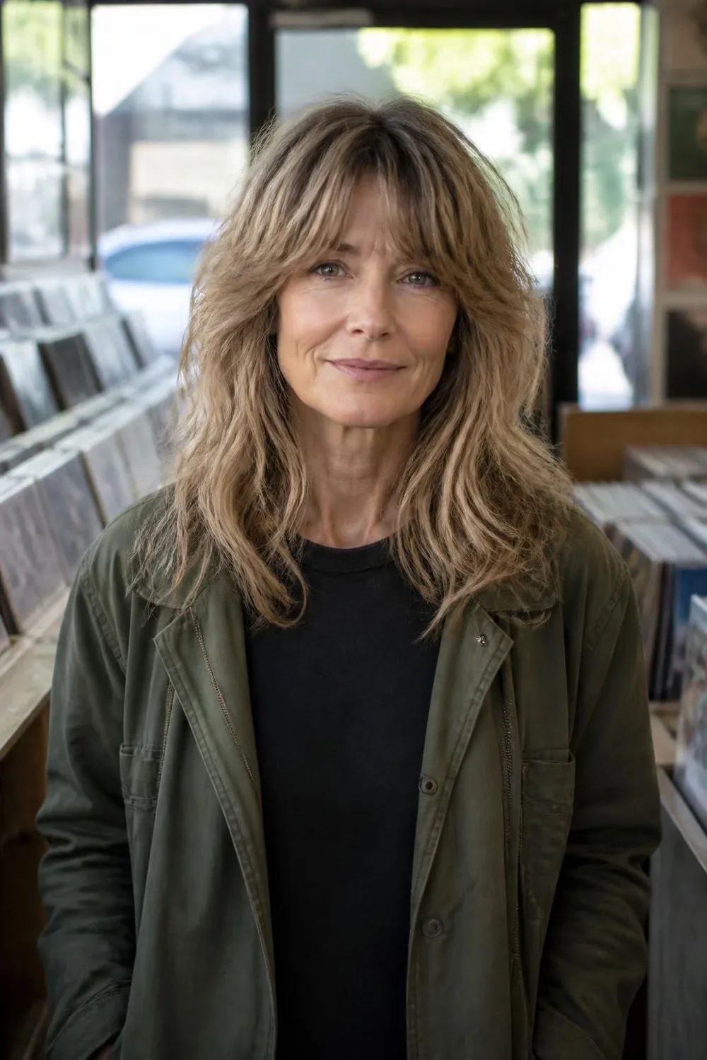 Medium shag with bottleneck bangs on thick hair for a woman over 50