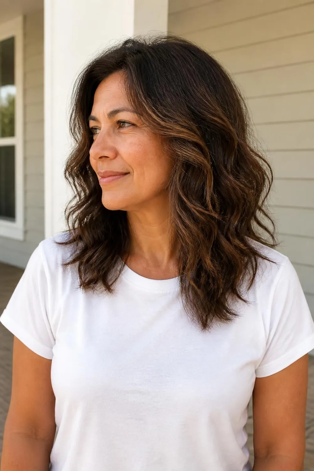 Shoulder-length cut with internal layers on thick wavy hair for a woman in her 50s