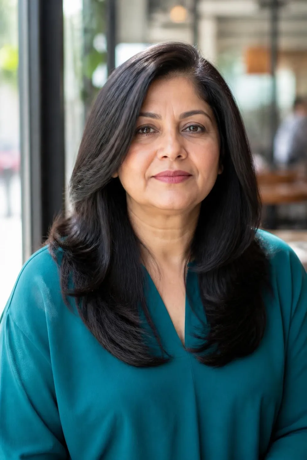 Medium thick hair with long face-framing layers for a round face, woman in her 50s