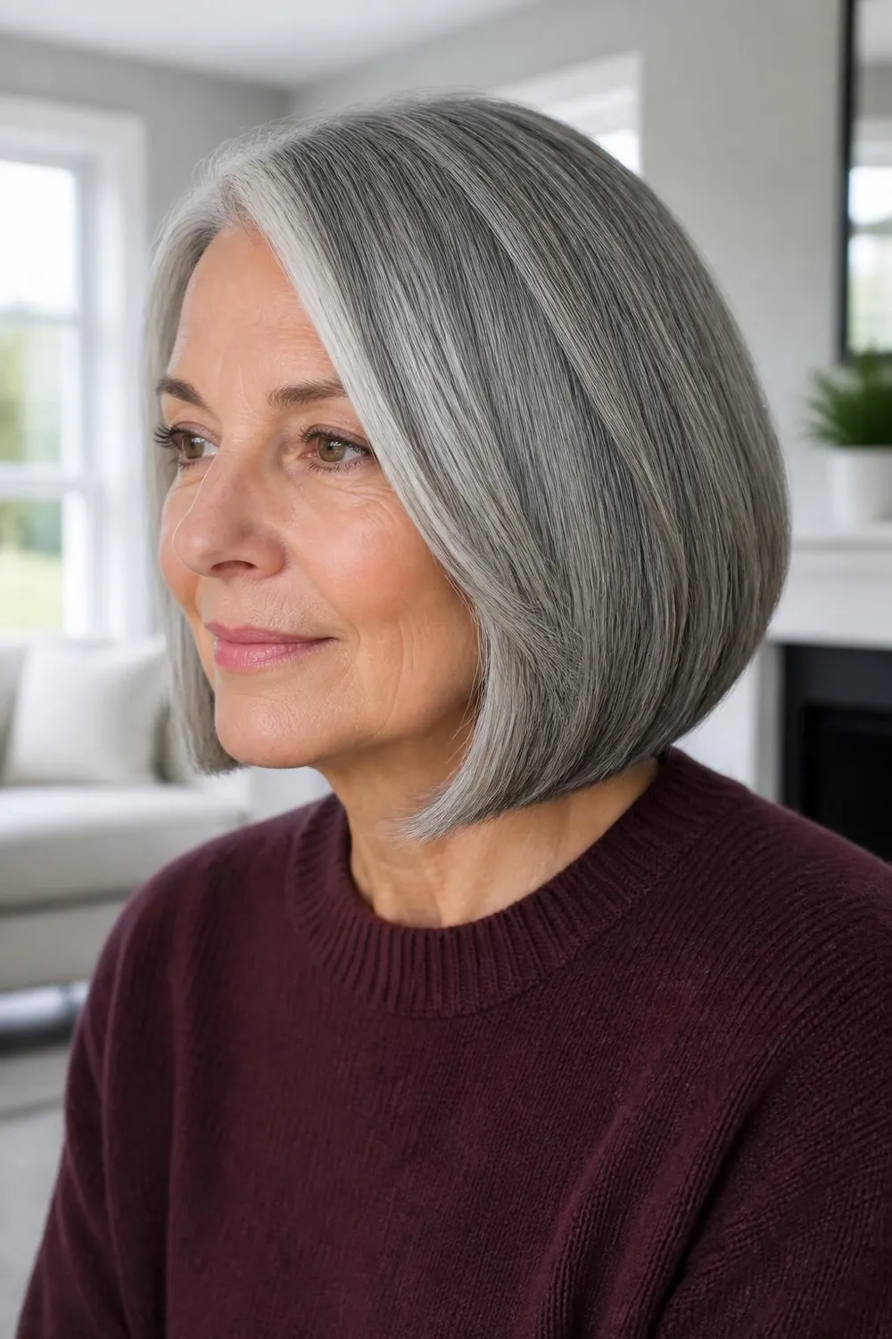 Smooth silver lob on thick coarse gray hair for a woman over 50