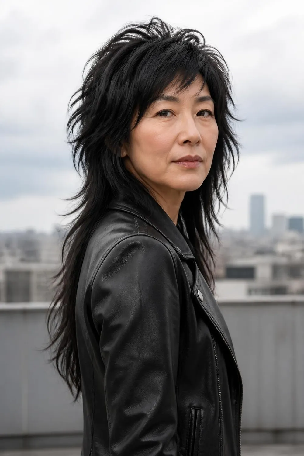 Wolf cut with a choppy crown and wispy lengths on thick hair, woman in her 50s