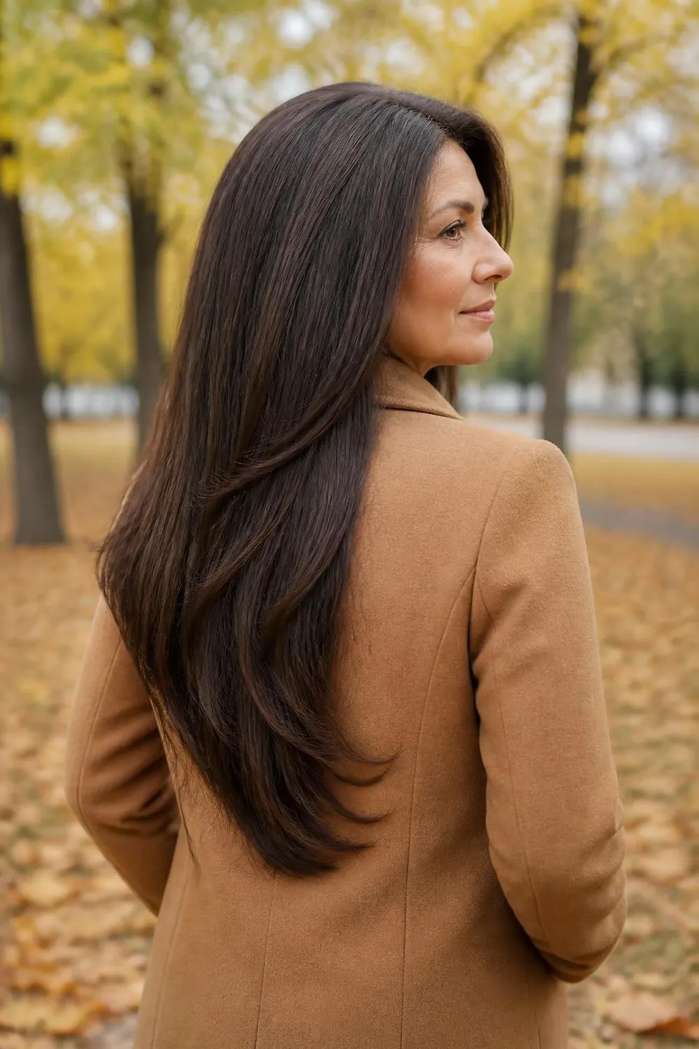 Long thick straight hair with a razor-softened hem and long layers, woman over 50