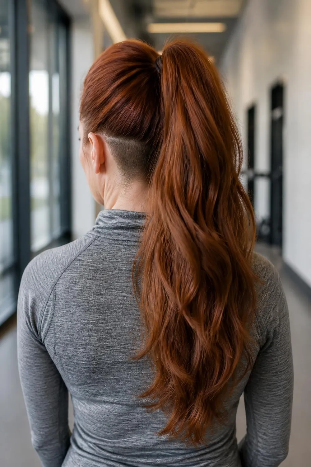 Long thick hair in a ponytail showing a nape undercut, woman in her 50s, back view
