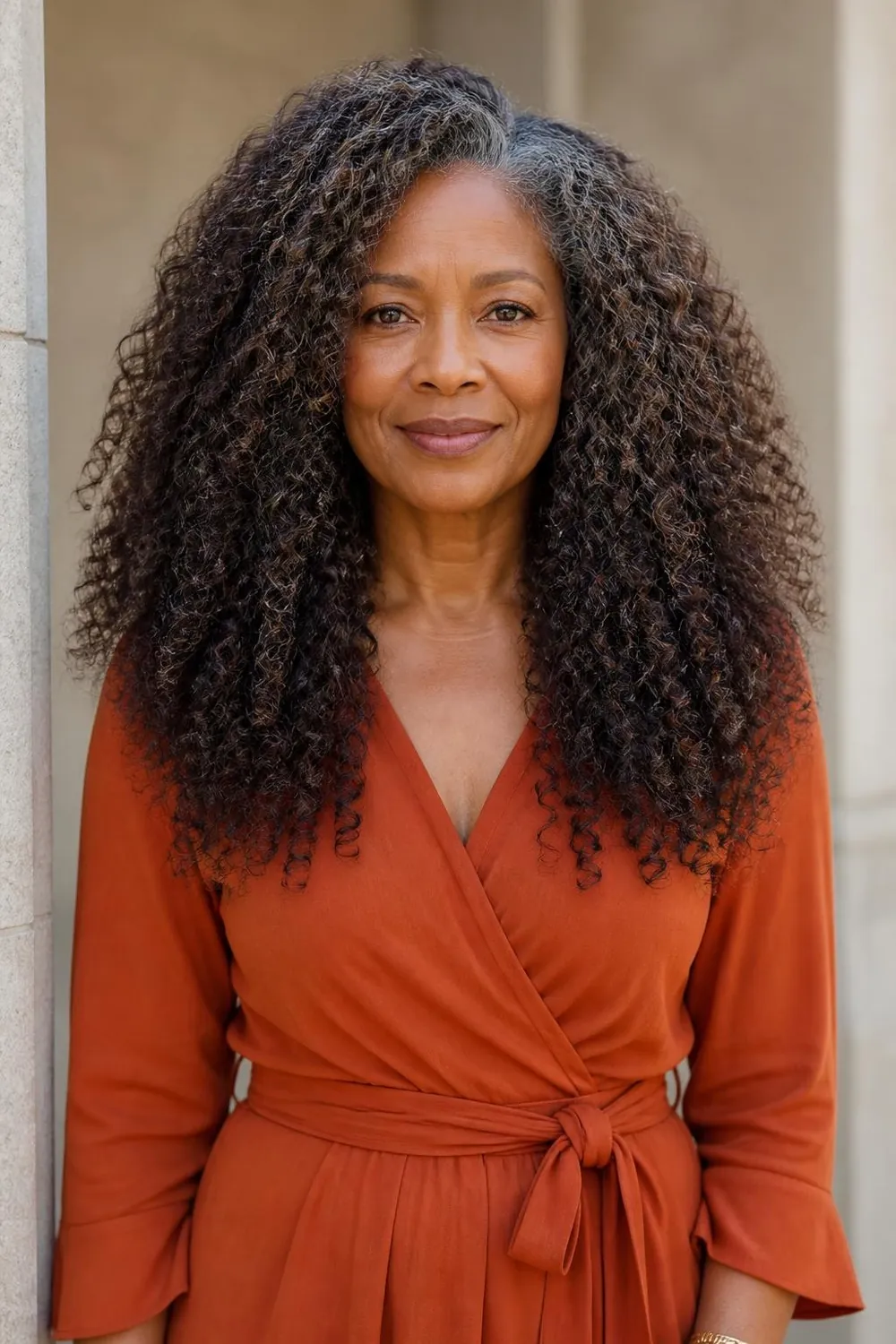 Long thick curly hair with weight carved out of the interior, woman over 50