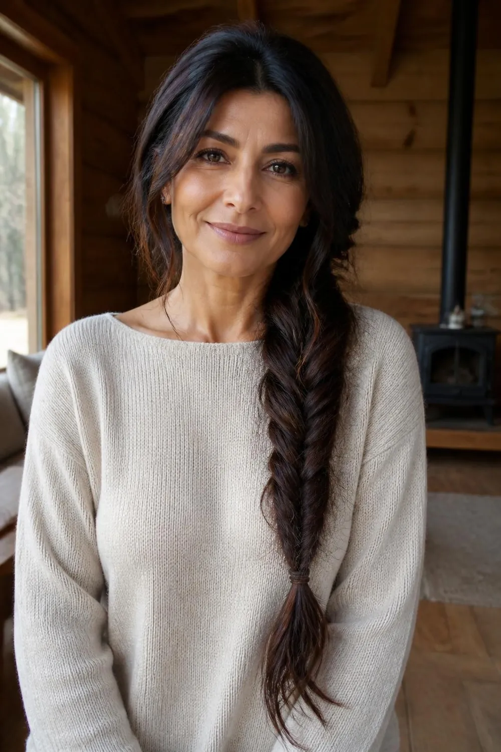 Chunky fishtail side braid on long thick hair for a woman over 50