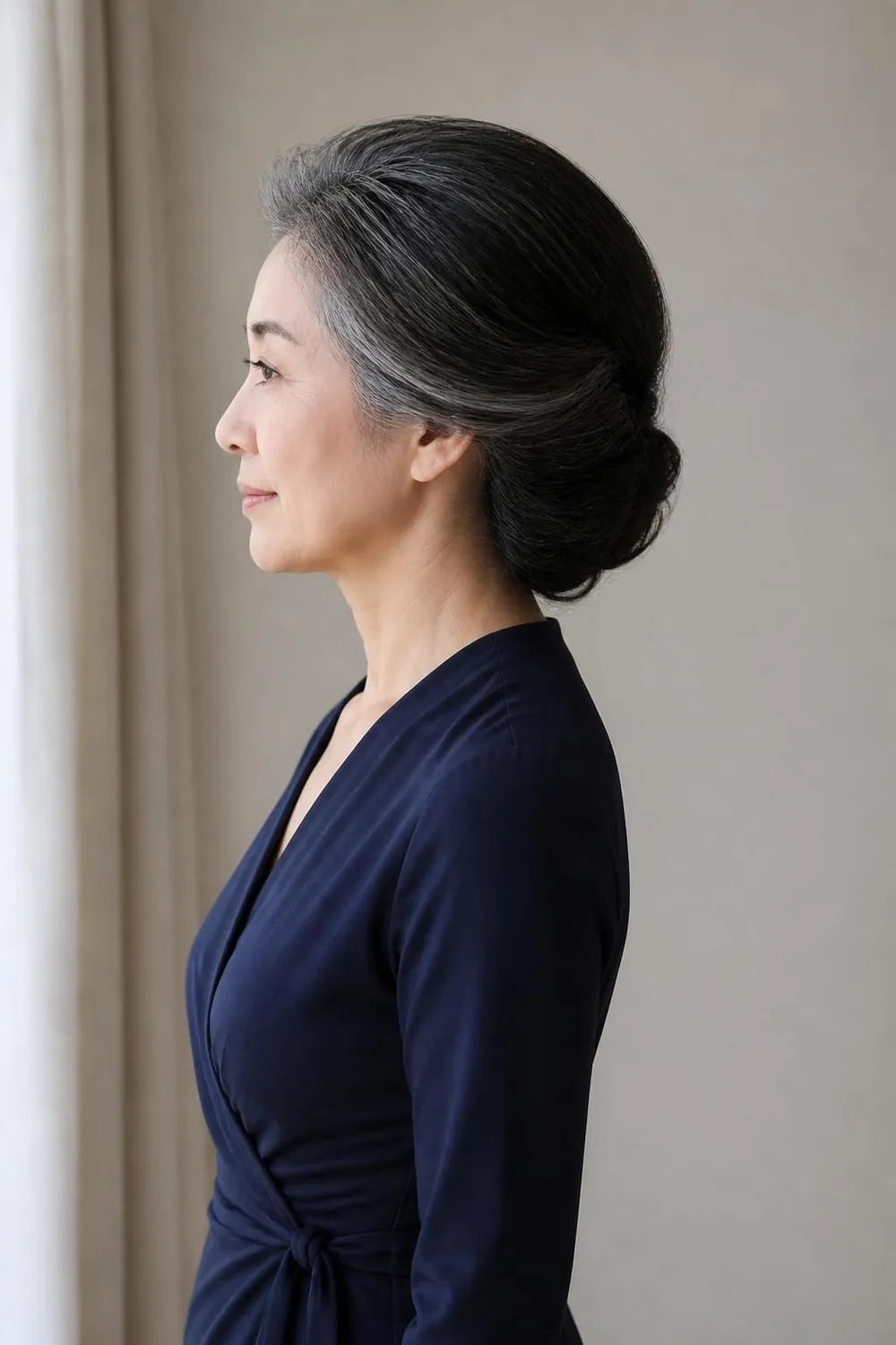 Low twisted chignon at the nape on thick hair for a woman in her 50s