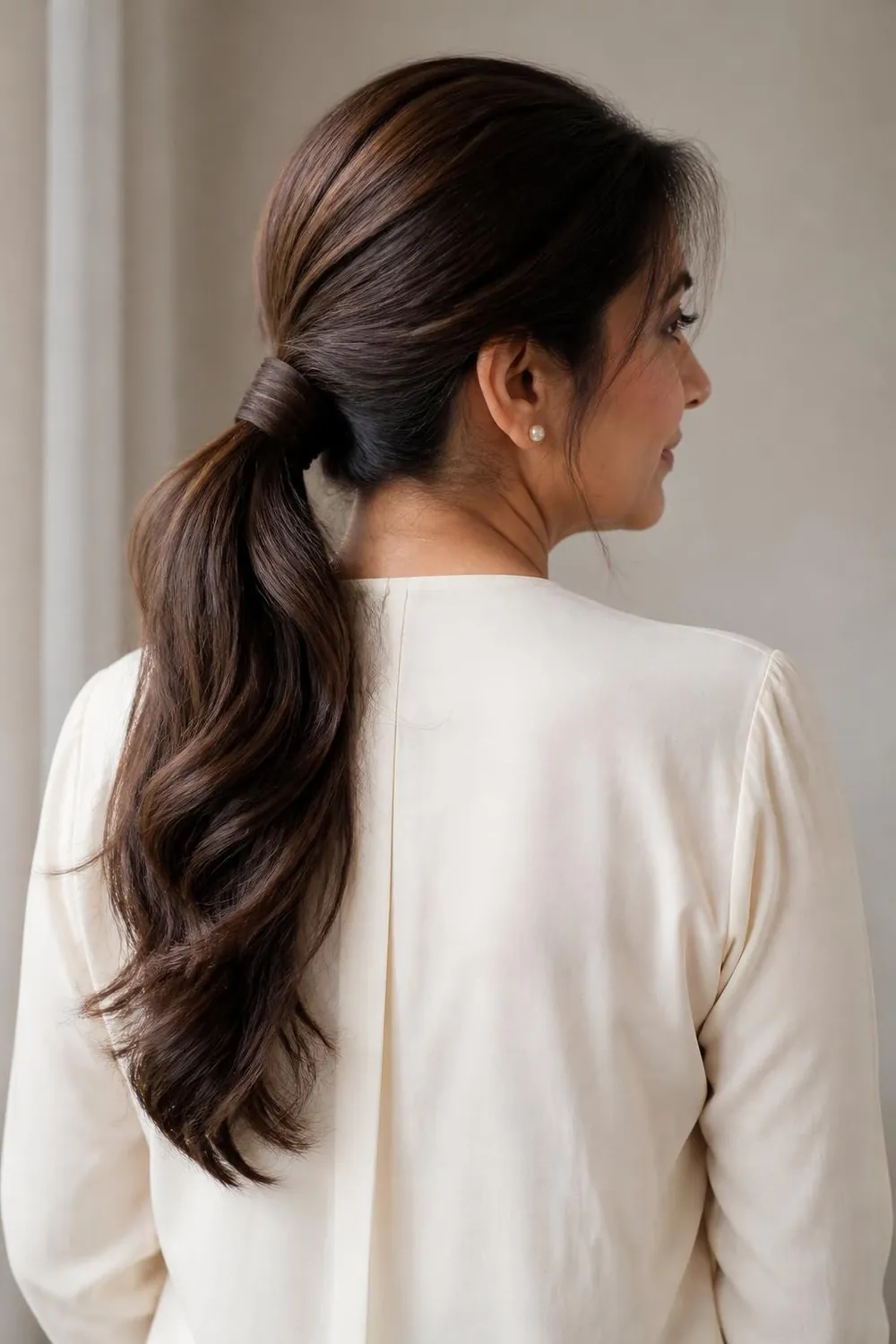 Wrapped low ponytail on thick hair with the tie hidden under a strand, woman over 50
