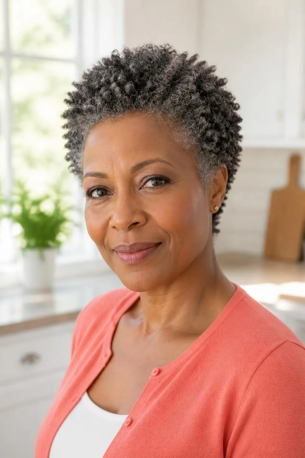 Teeny weeny afro with defined gray coils on a Black woman in her 60s
