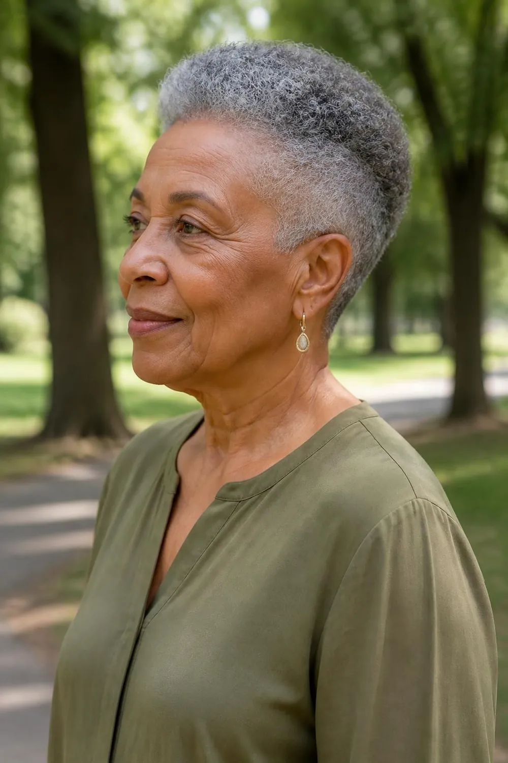 Tapered natural cut with a curly top and short sides on a Black woman over 60