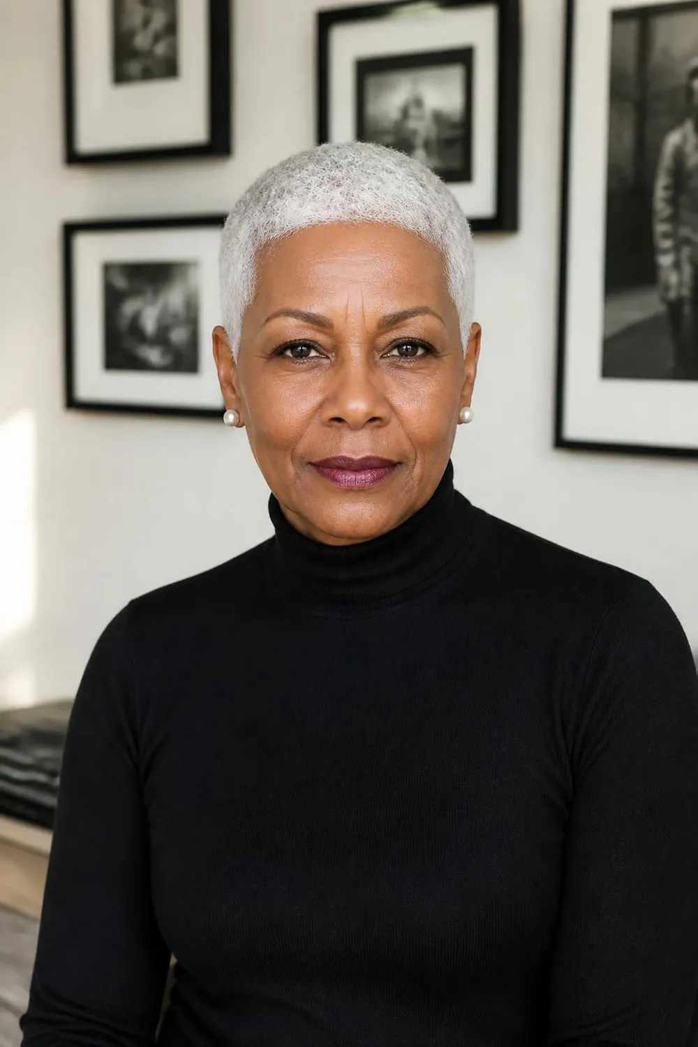 Platinum gray crop with a crisp line-up at the hairline, Black woman over 60