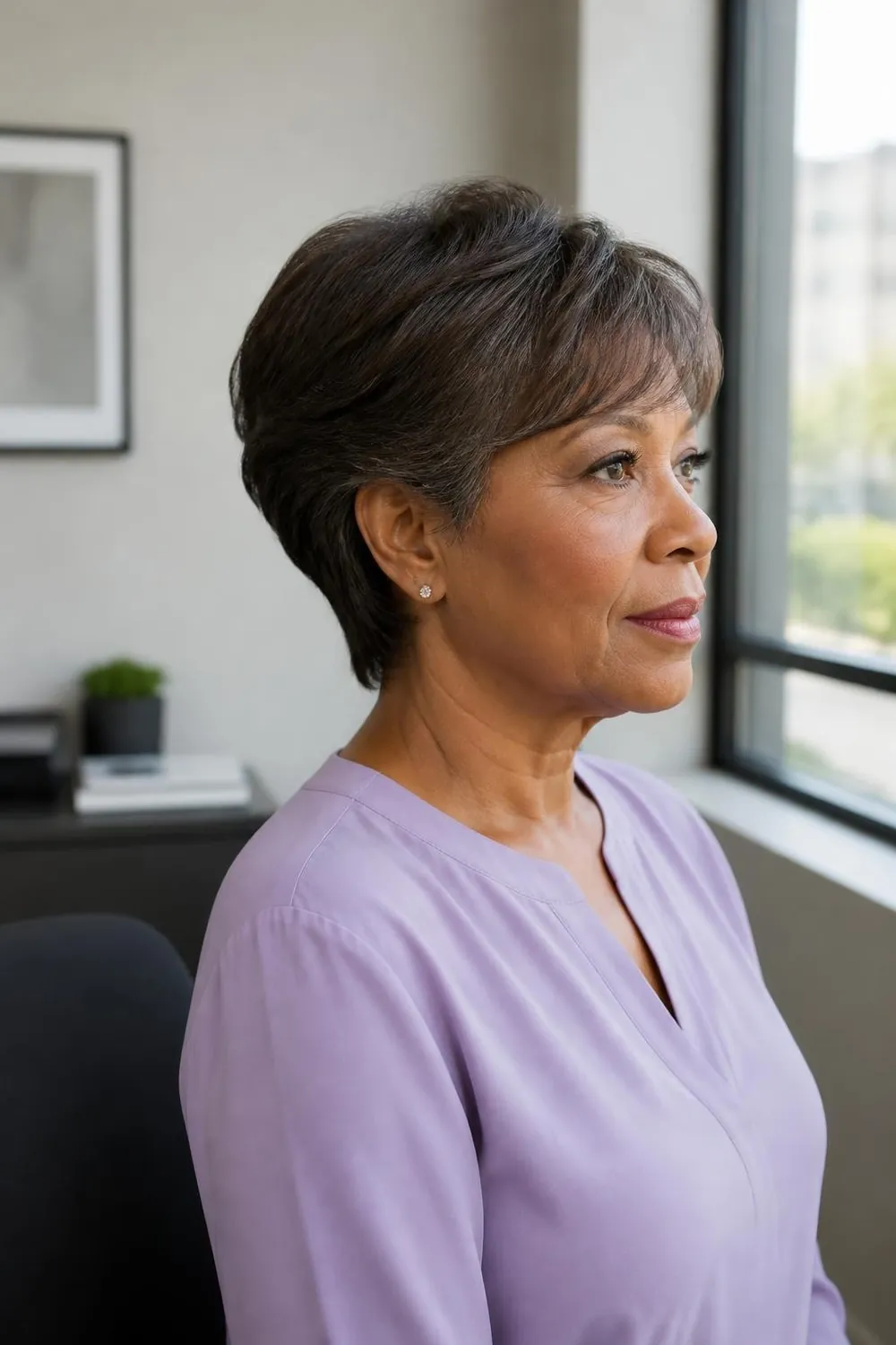 Short relaxed pixie with a side sweep and feathered nape on a Black woman over 60