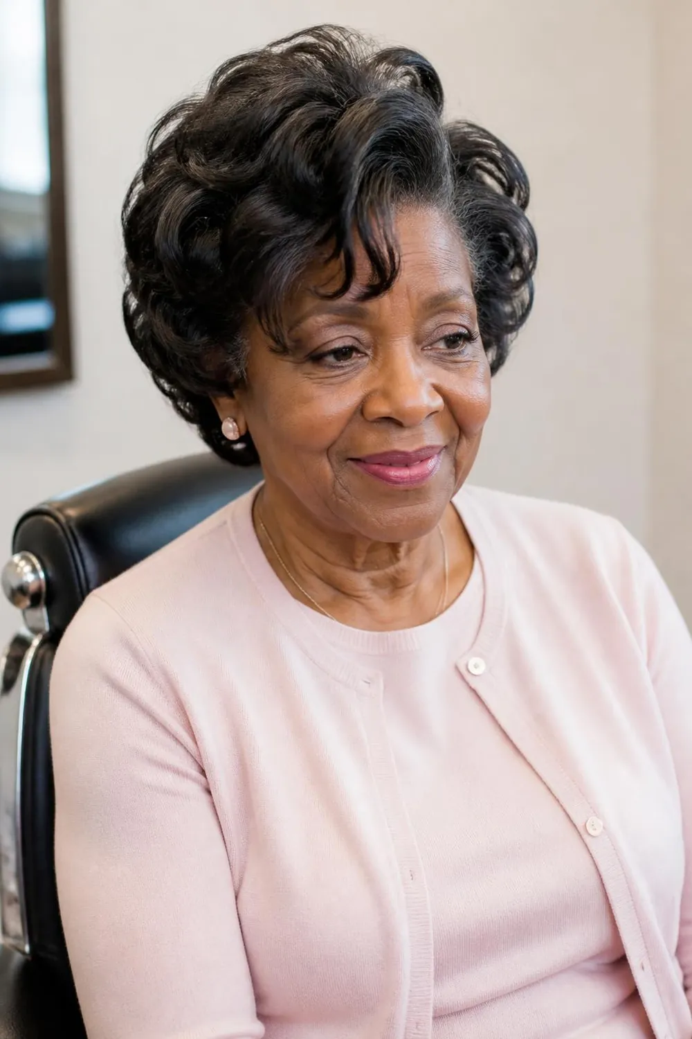 Roller-set short curls with soft volume on relaxed hair, Black woman in her 60s