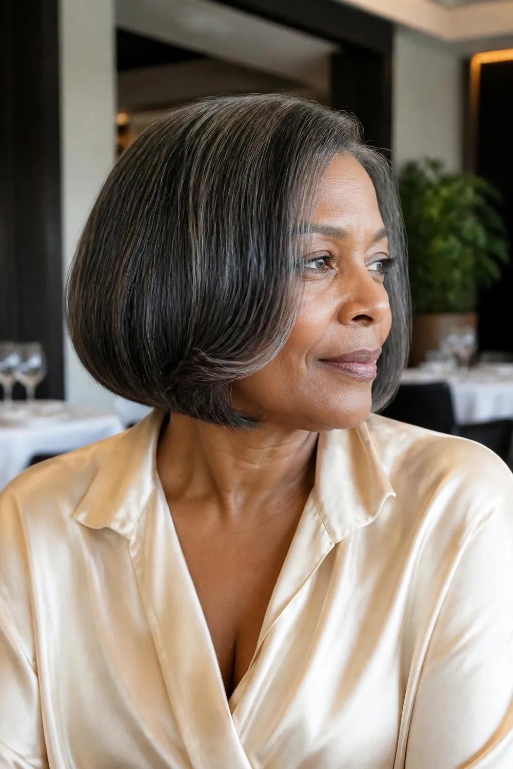 Silk-pressed chin-length bob with a glossy finish on a Black woman over 60