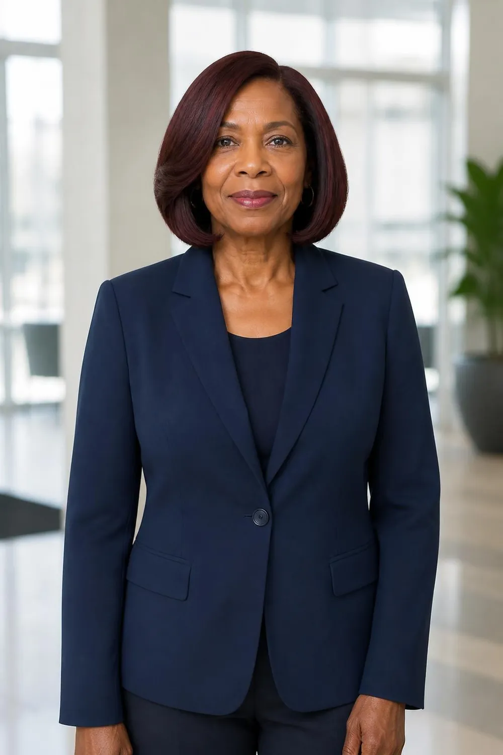 Relaxed bob with ends bumped under on a Black woman in her mid 60s