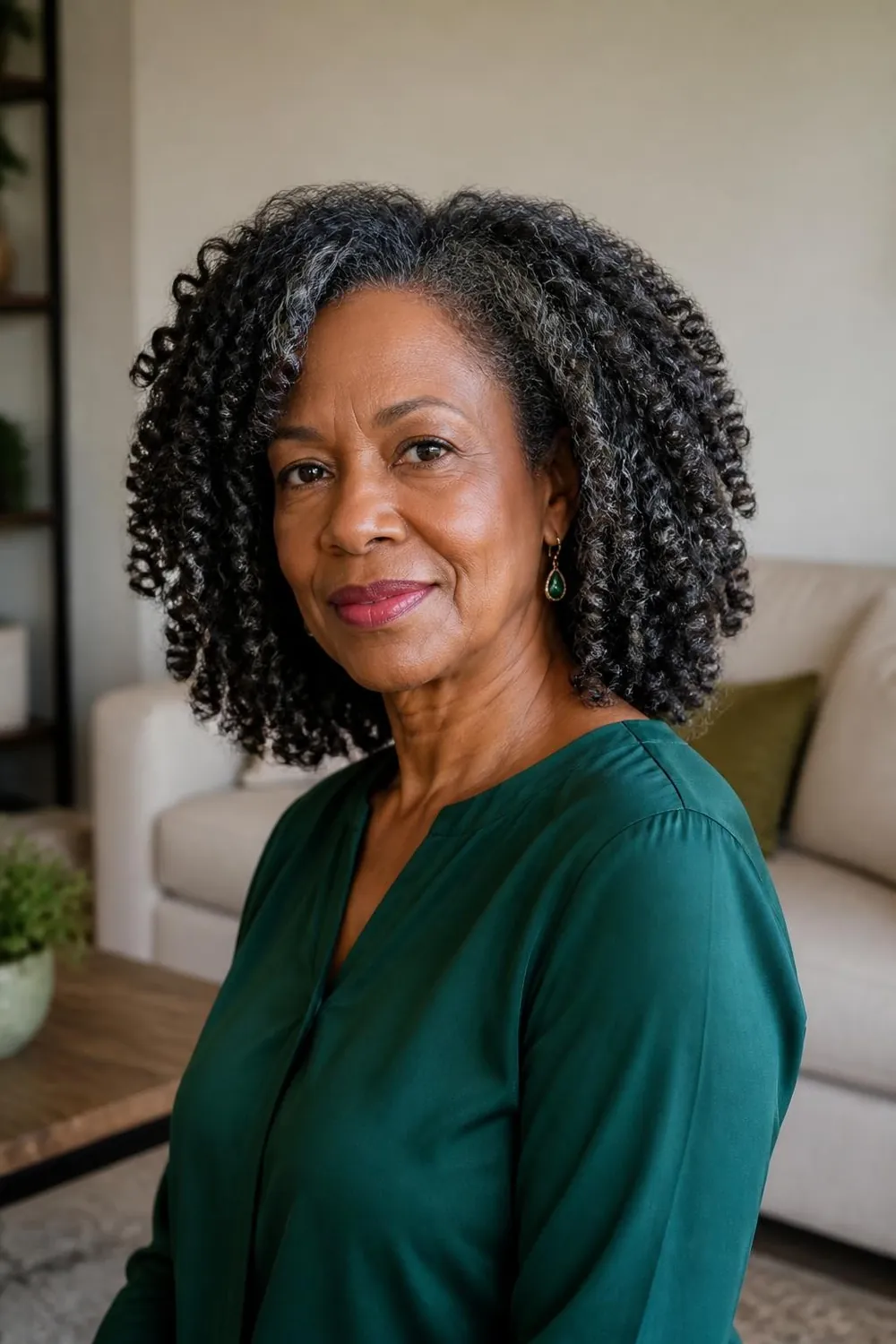 Twist-out on medium length natural gray and black hair, Black woman over 60