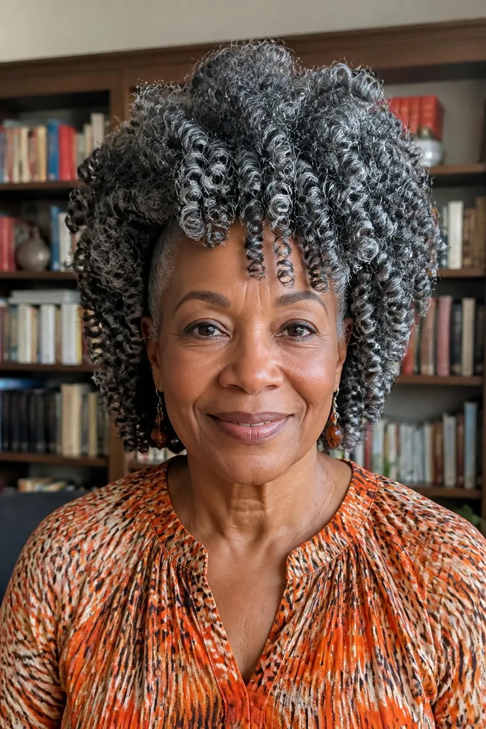 Bantu knot-out with springy defined curls on natural hair, Black woman over 60