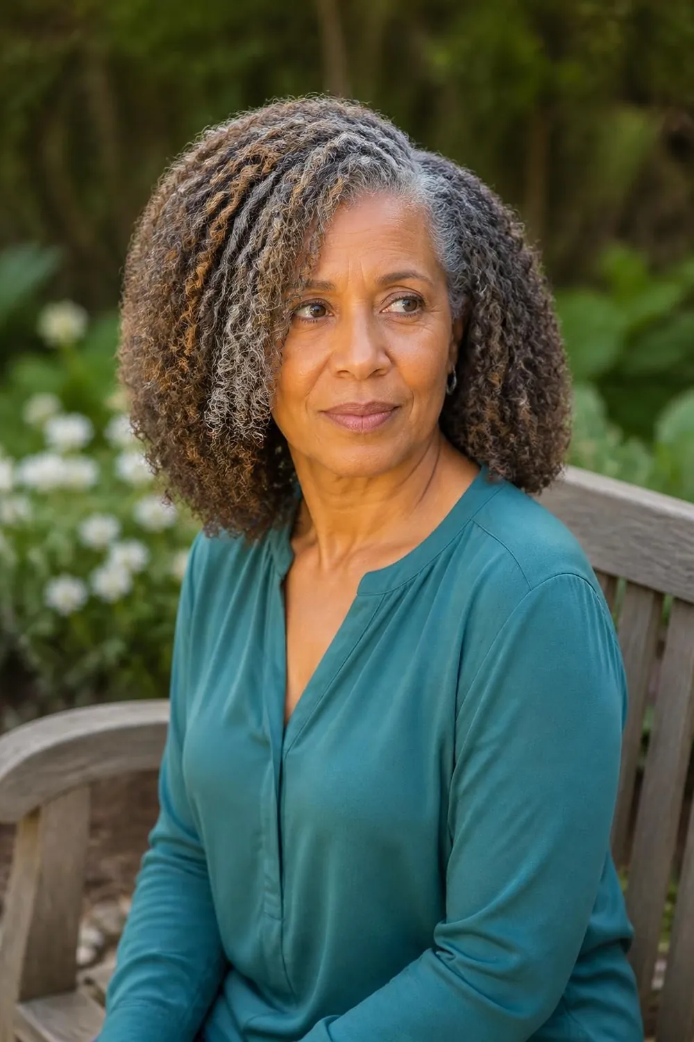 Wash-and-go curls with a side part on a Black woman in her 60s with 3C hair