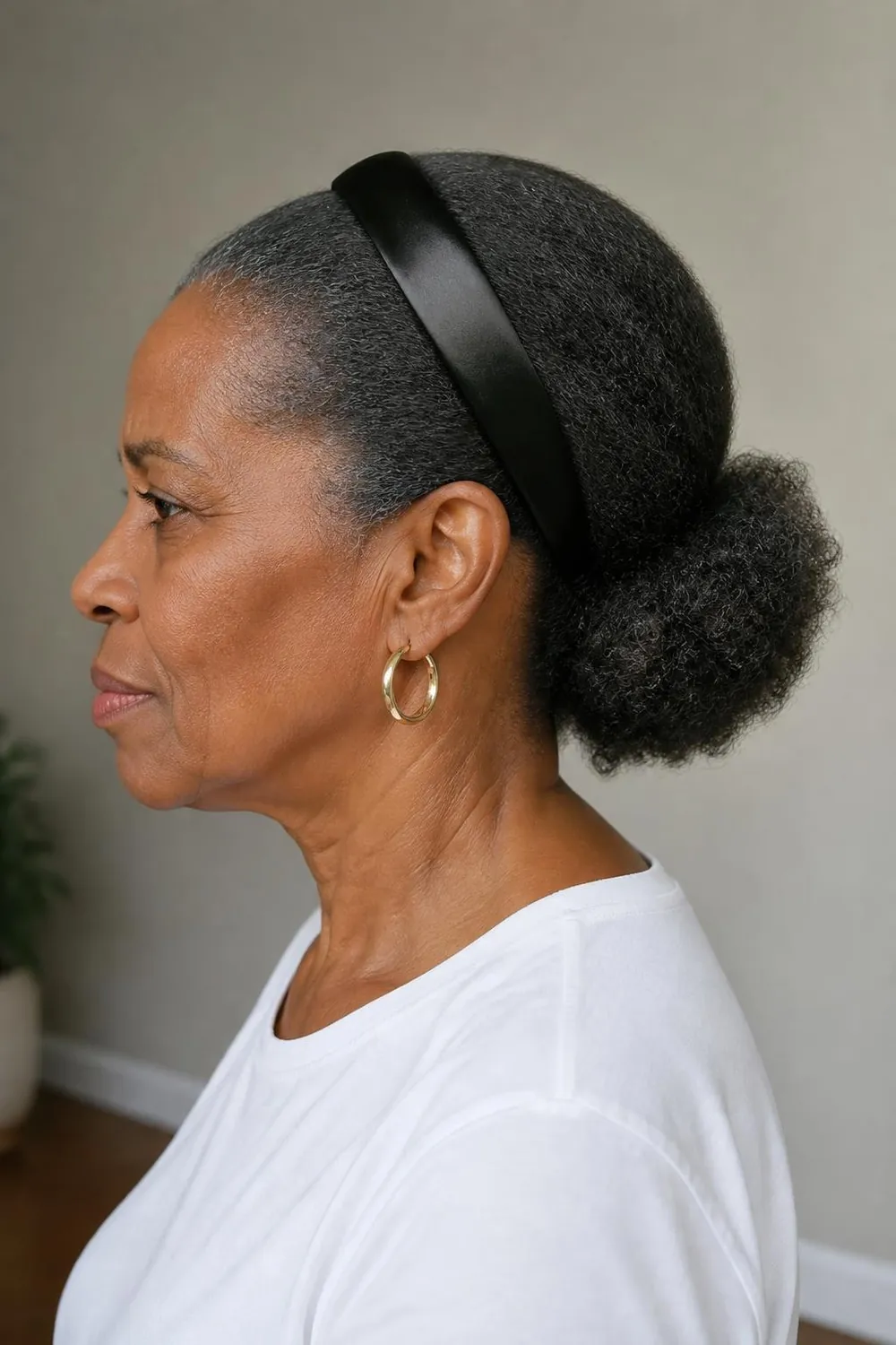 Low natural puff at the nape with a satin headband on a Black woman over 60