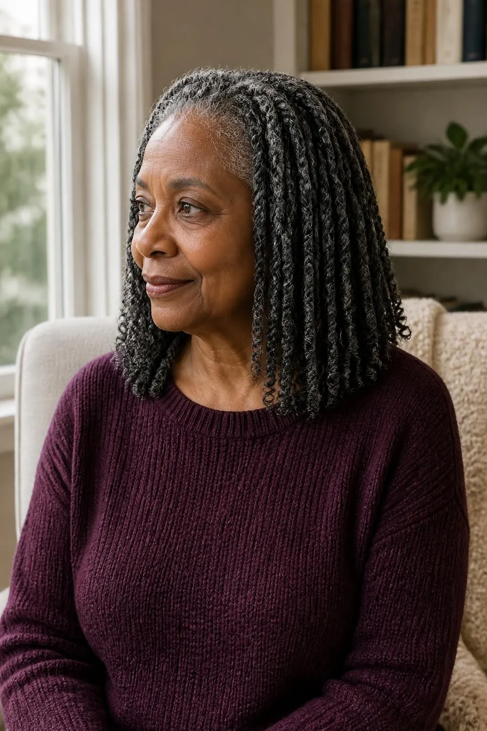 Two-strand twists at shoulder length on natural gray hair, Black woman in her 60s