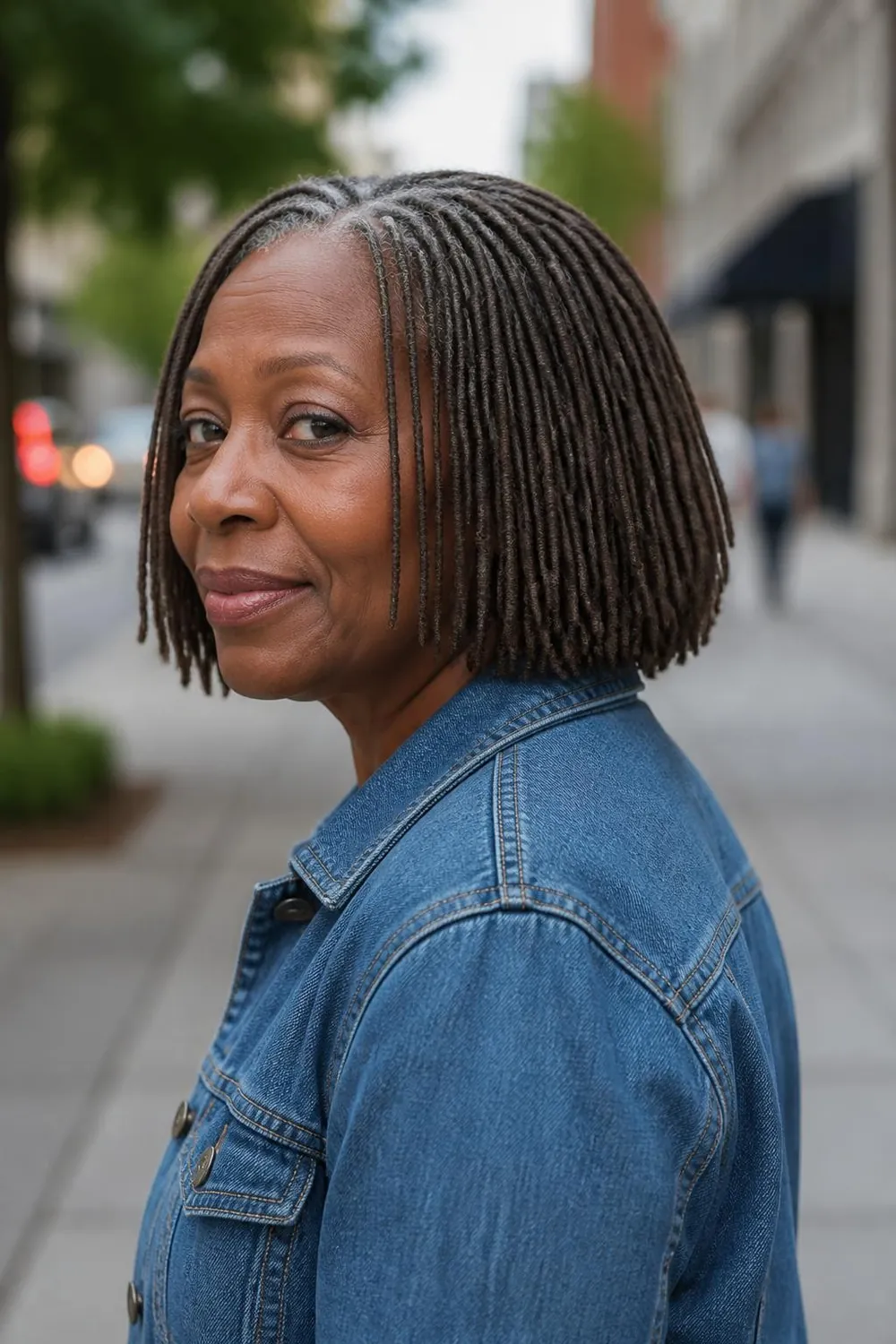 Microlocs cut into a chin-length bob on a Black woman over 60