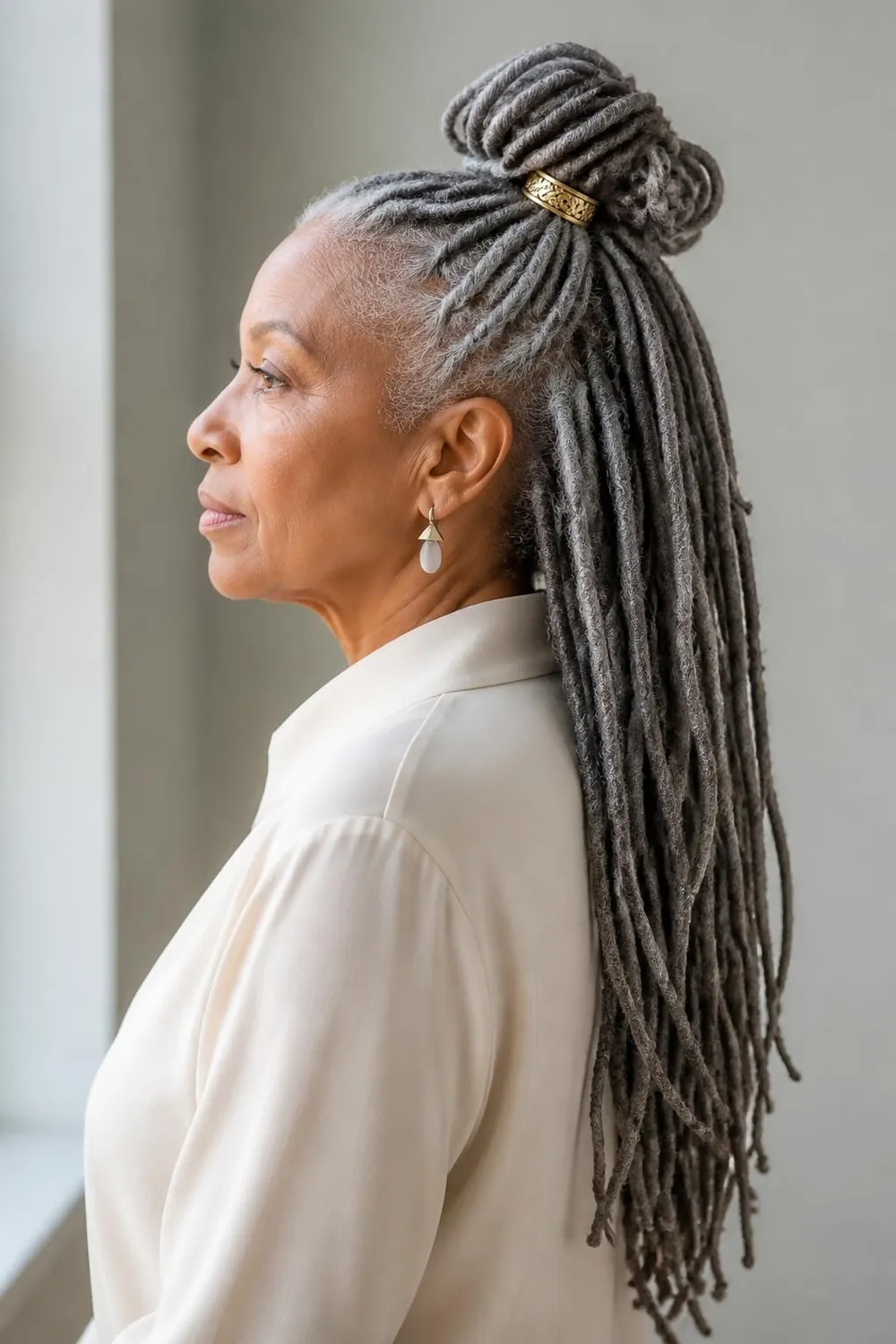 Silver locs pinned into an updo at the crown, side view, Black woman in her 60s