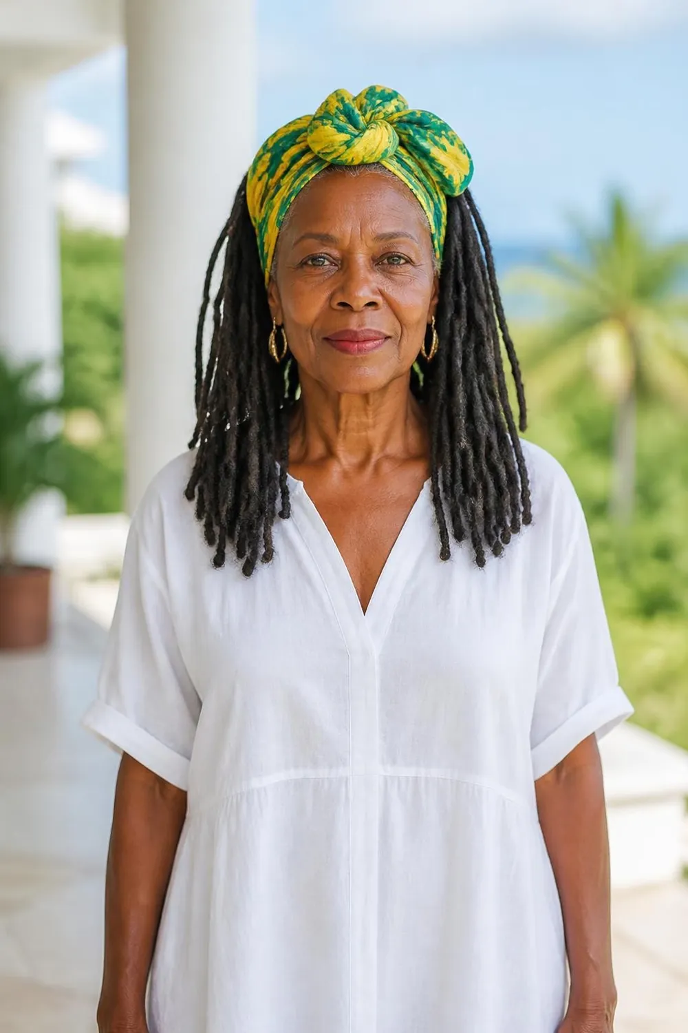 Shoulder-length locs with a printed head wrap tied at the crown, Black woman over 60