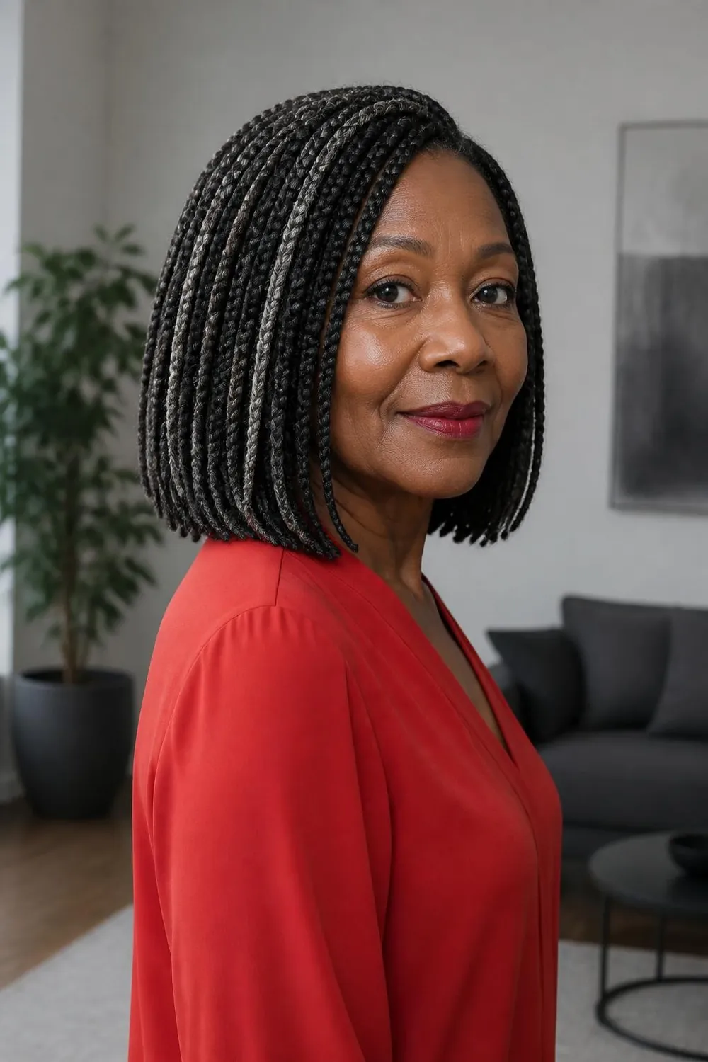 Knotless box braids in a bob length on a Black woman in her 60s