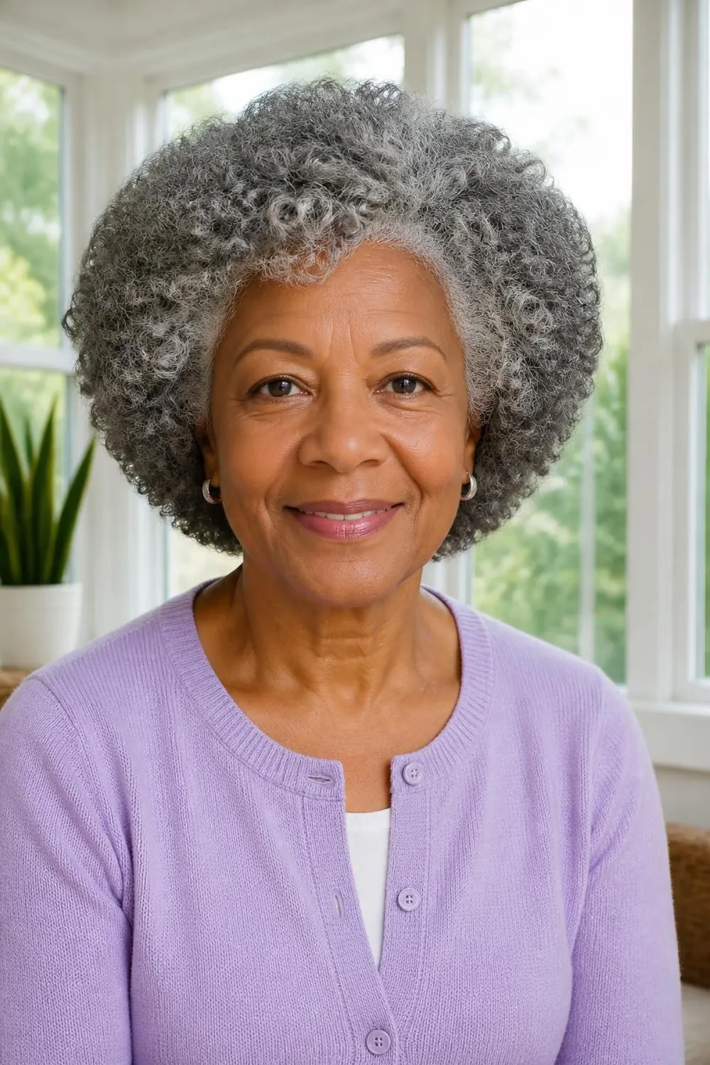 Gray crochet curls in a soft rounded shape on a Black woman in her 60s