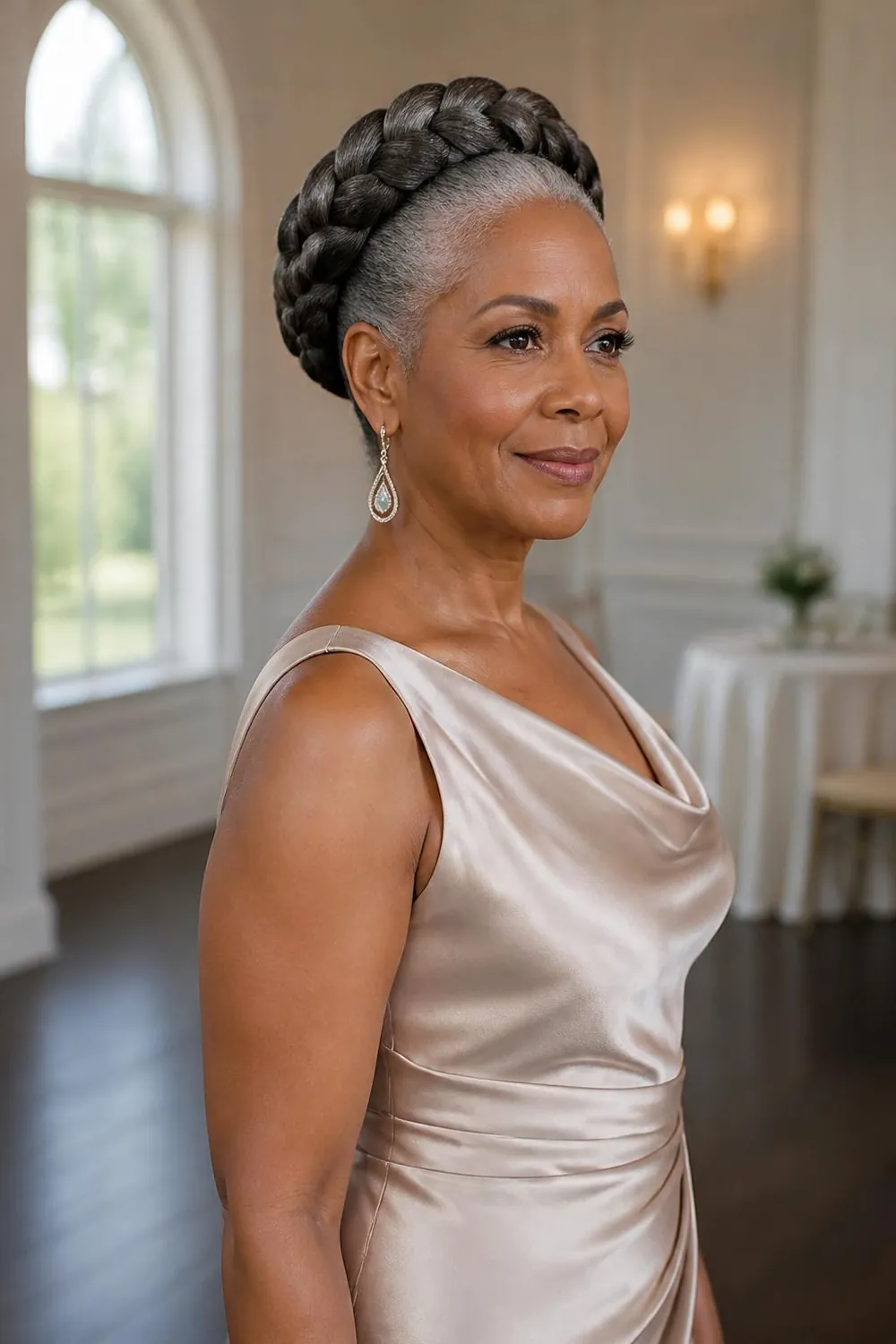 Halo braid wrapped around the head on stretched natural hair, Black woman over 60