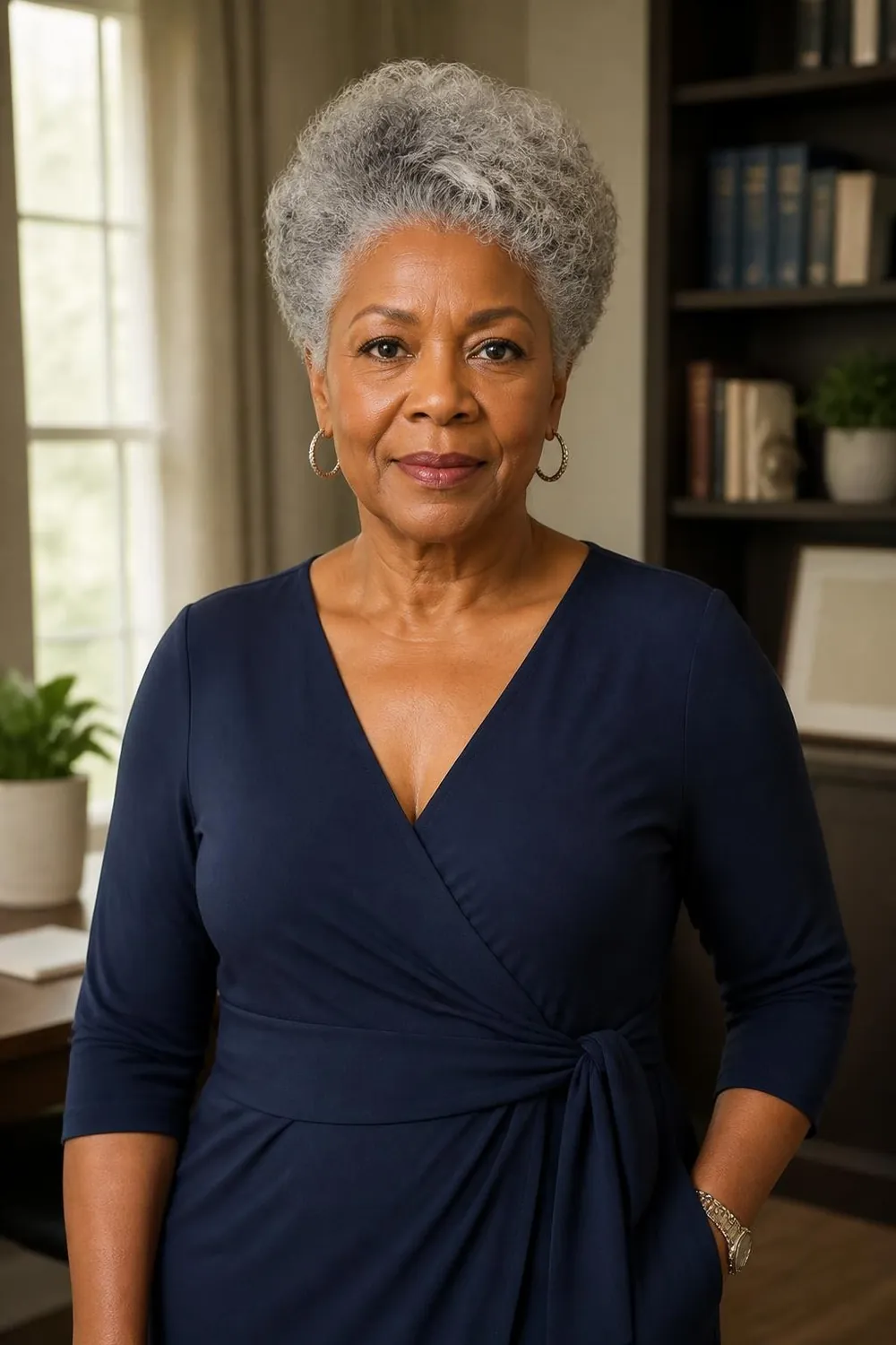 Short curly gray wig with a natural hairline on a Black woman in her 60s