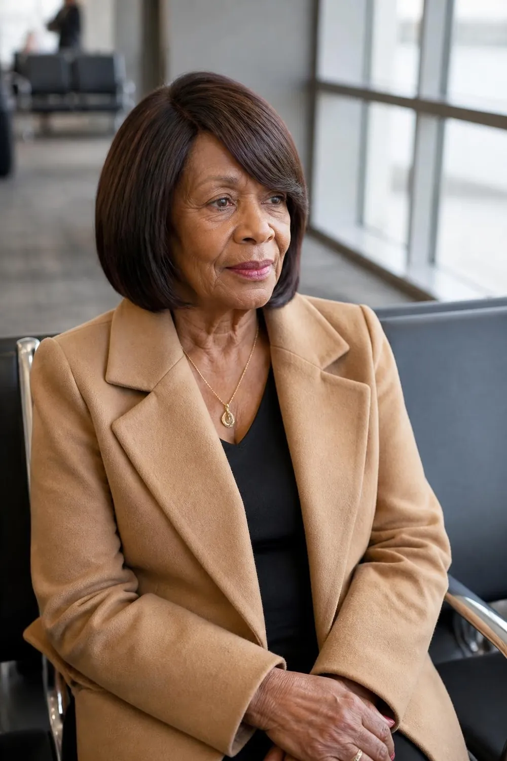 Glueless bob wig with a side part and soft layers on a Black woman over 60