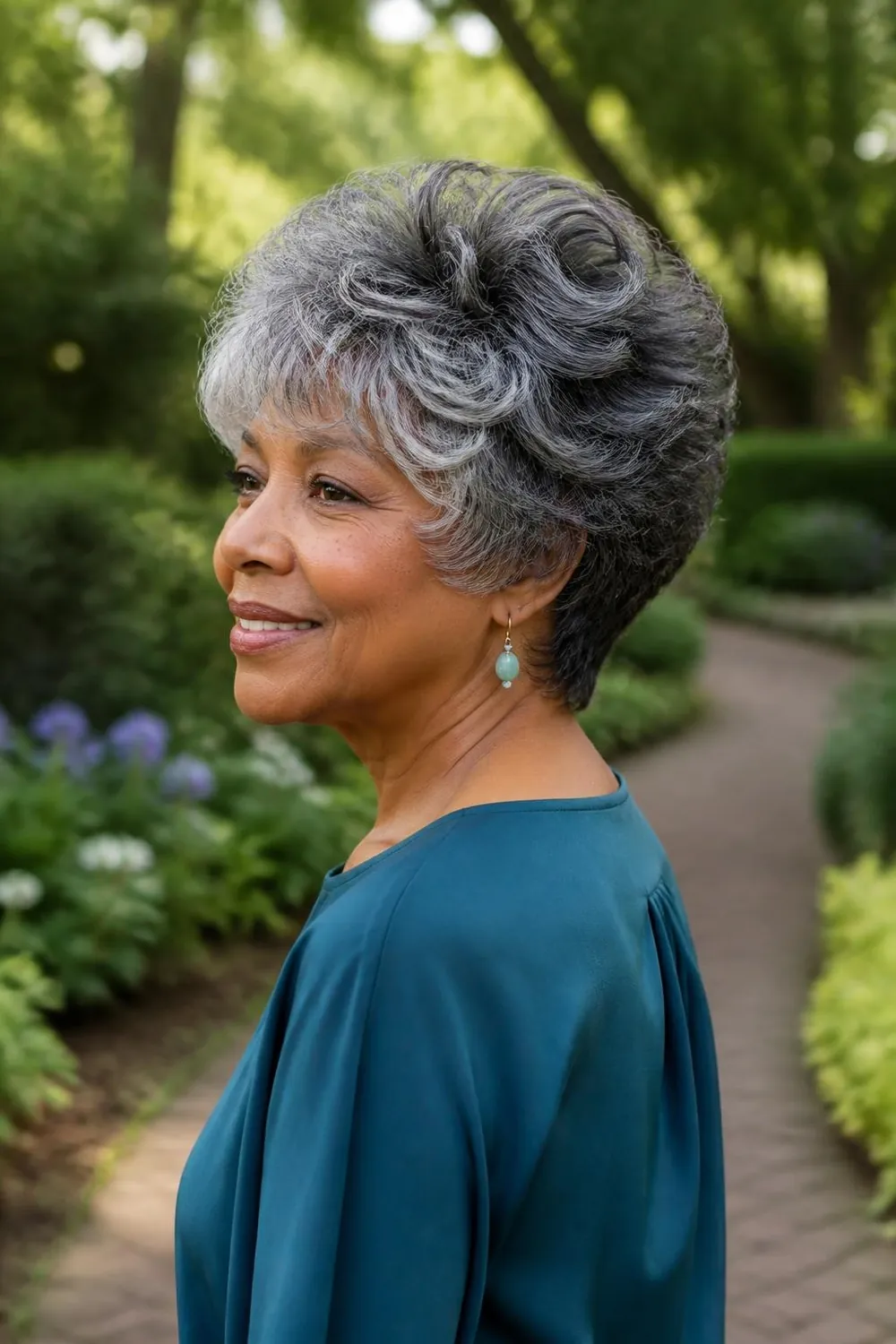 Short wavy shag with textured layers around the ears, woman in her 60s