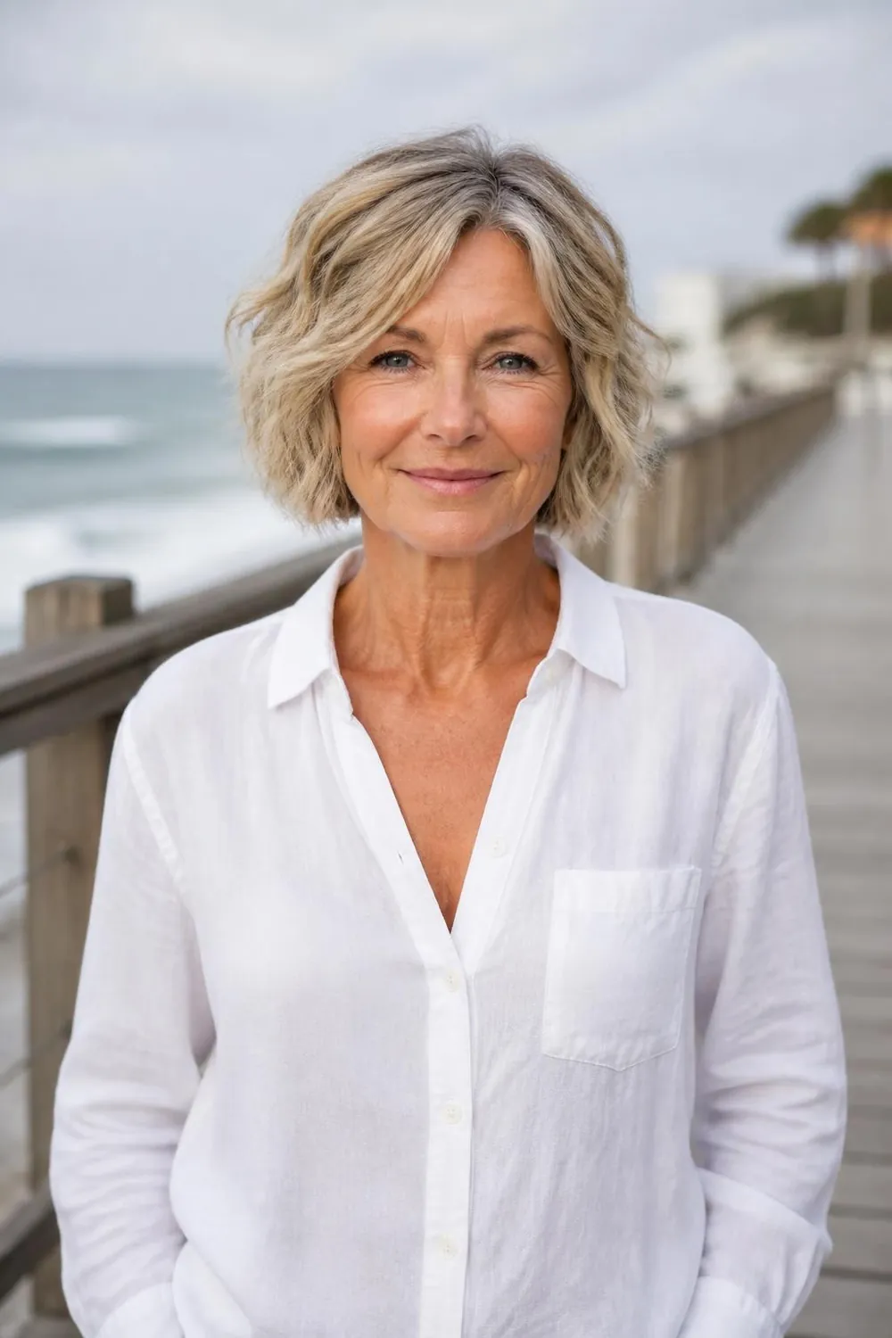 Beachy chin-length bob with tousled waves on a white woman in her sixties