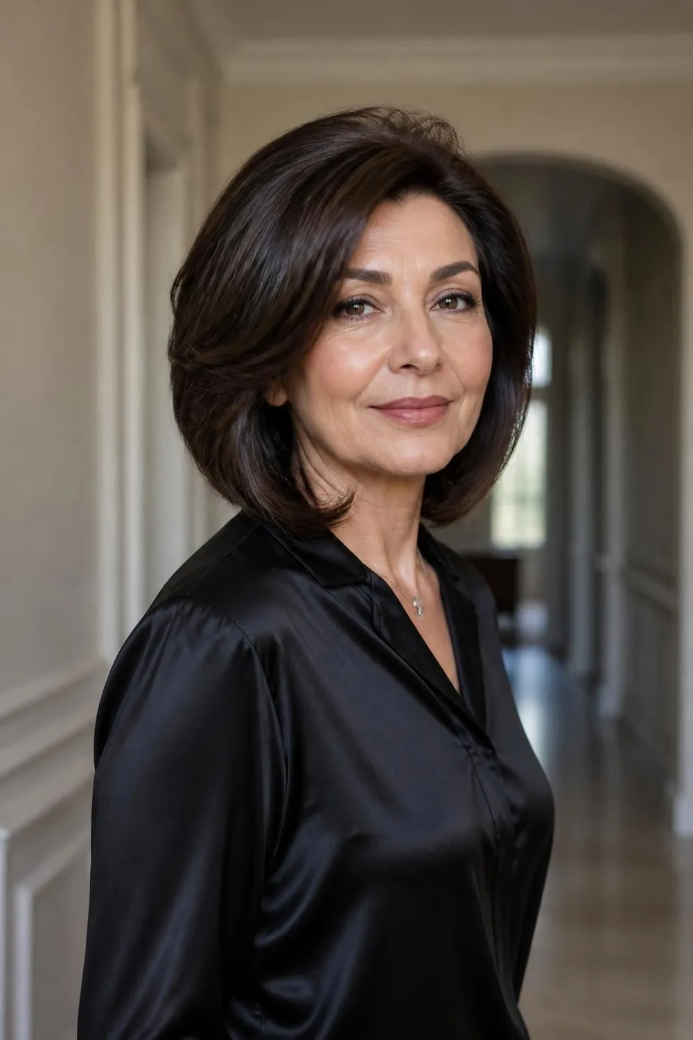 Angled bob with brushed-out soft waves, longer in front, woman over 60