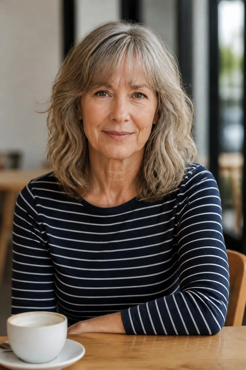 Wavy lob with a soft fringe falling to the brows on a woman over 60