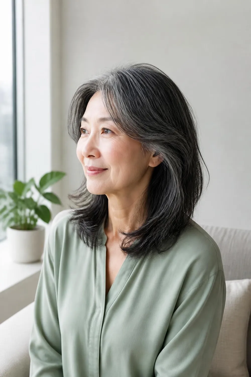 Shoulder-length waves with long layers on an East Asian woman over 60
