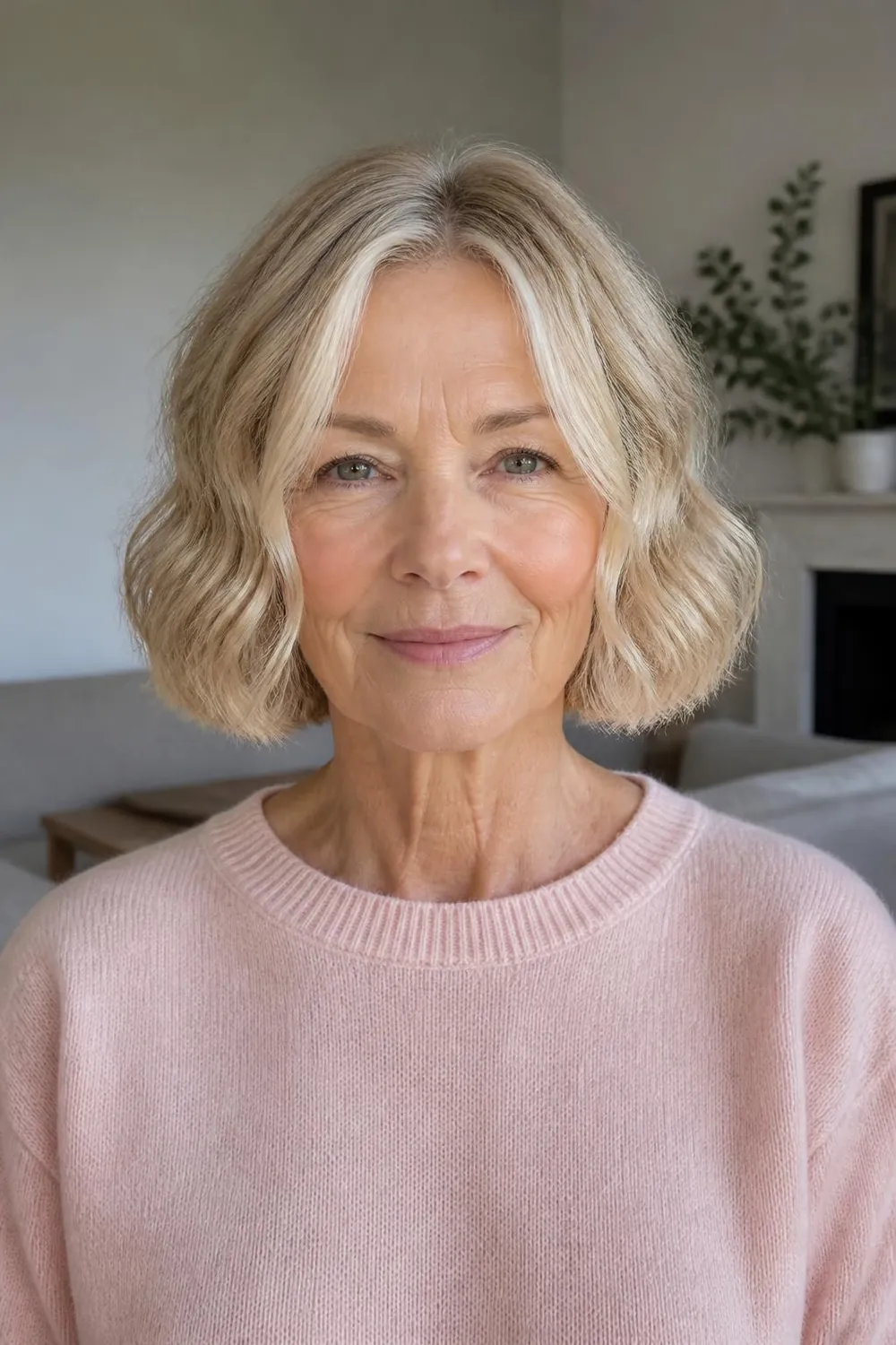 Fine wavy hair cut with a blunt perimeter at the jaw for fullness, woman over 60