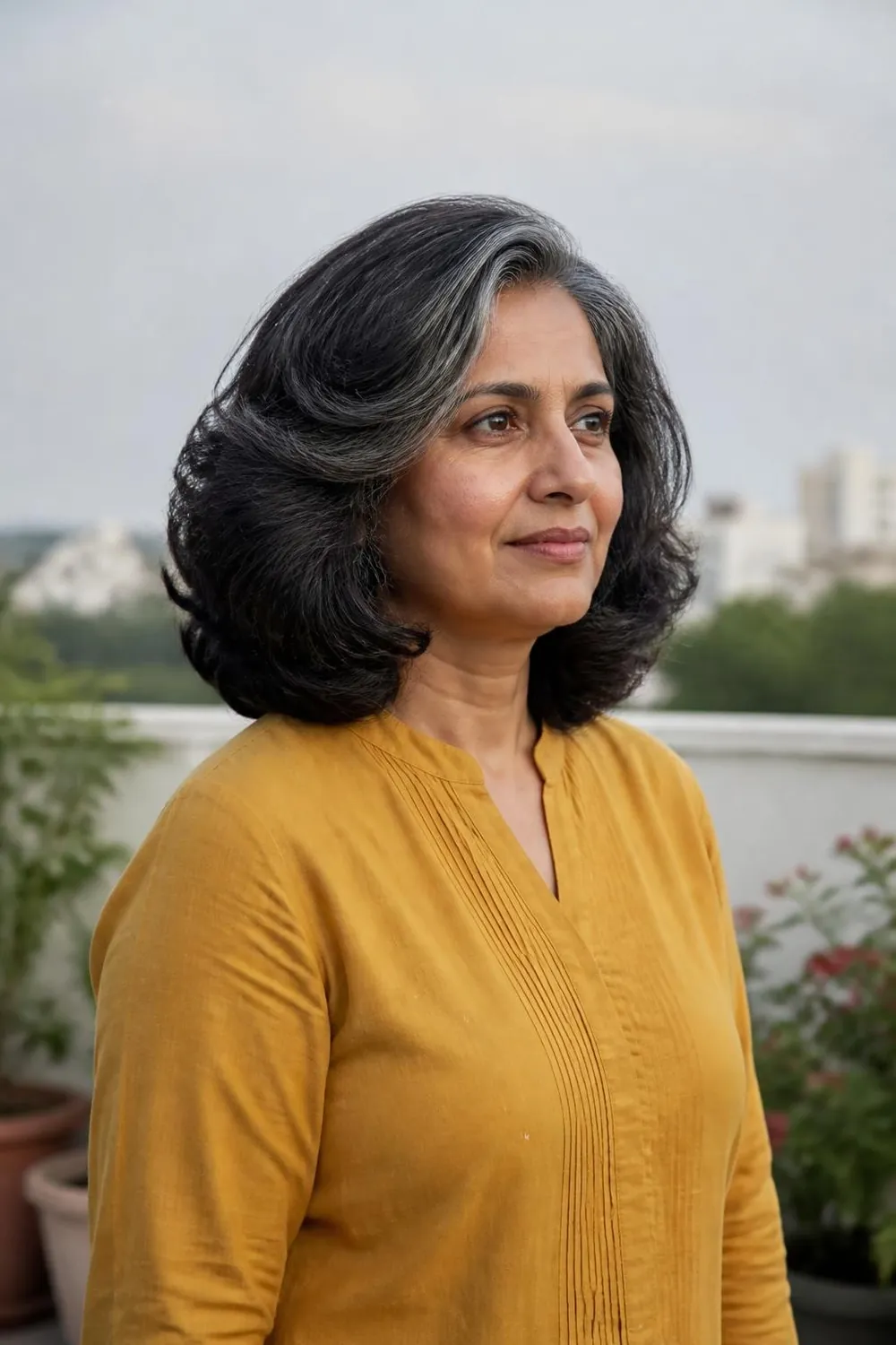 Dense thick waves cut into a rounded shape at shoulder length, South Asian woman over 60