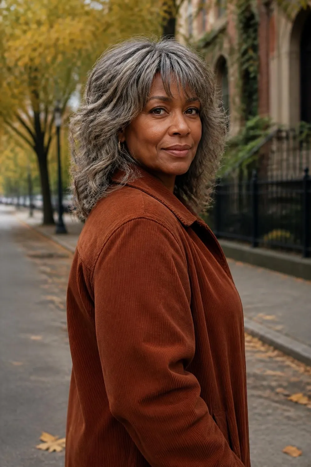 Shaggy waves with a feathered fringe and lots of layers on a woman in her 60s