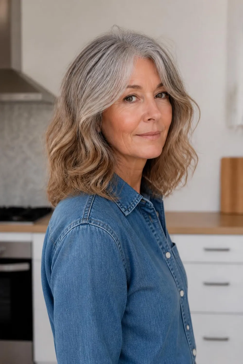 Salt and pepper waves at shoulder length during a gray transition, woman over 60