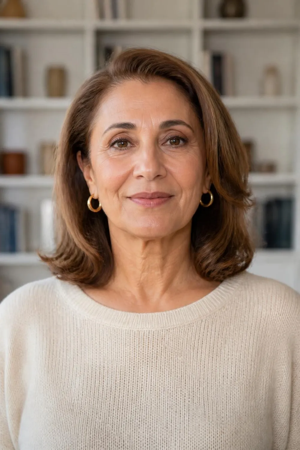 Collarbone-length waves tucked behind the ears on a Middle Eastern woman over 60