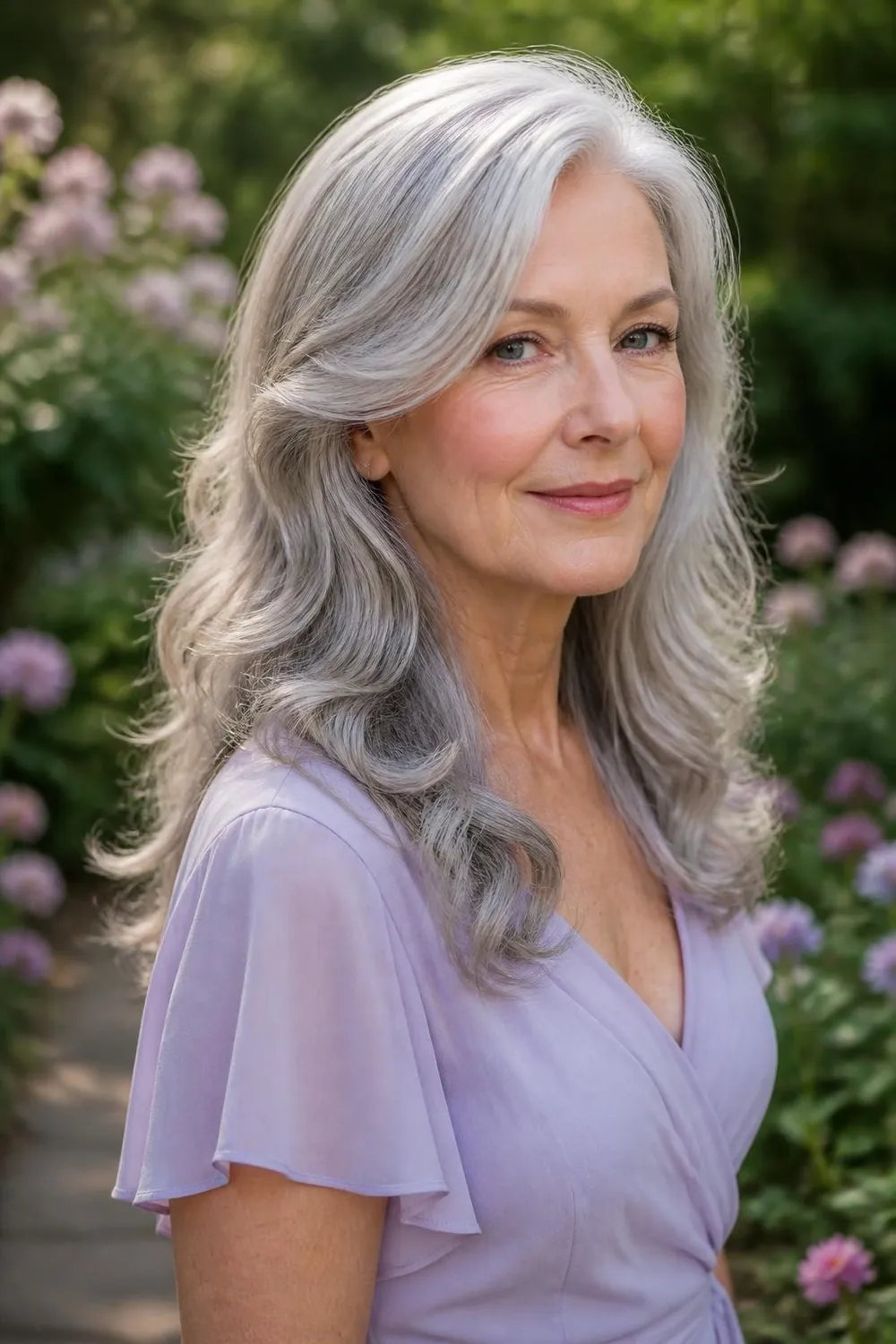 Long wavy layers with a deep side part on a white woman in her late 60s