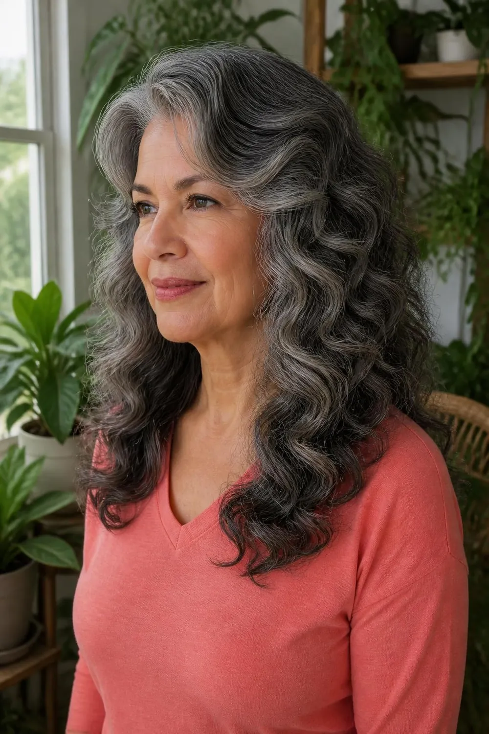 Wavy curly hair with rounded layers and defined spirals on a Latina woman over 60