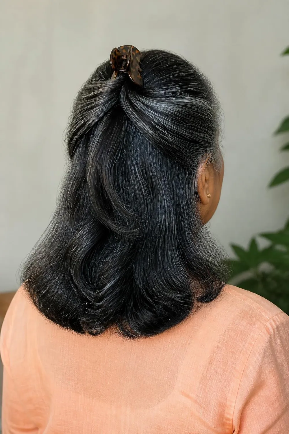 Half-up waves held with a tortoiseshell clip at the crown, back view, woman over 60