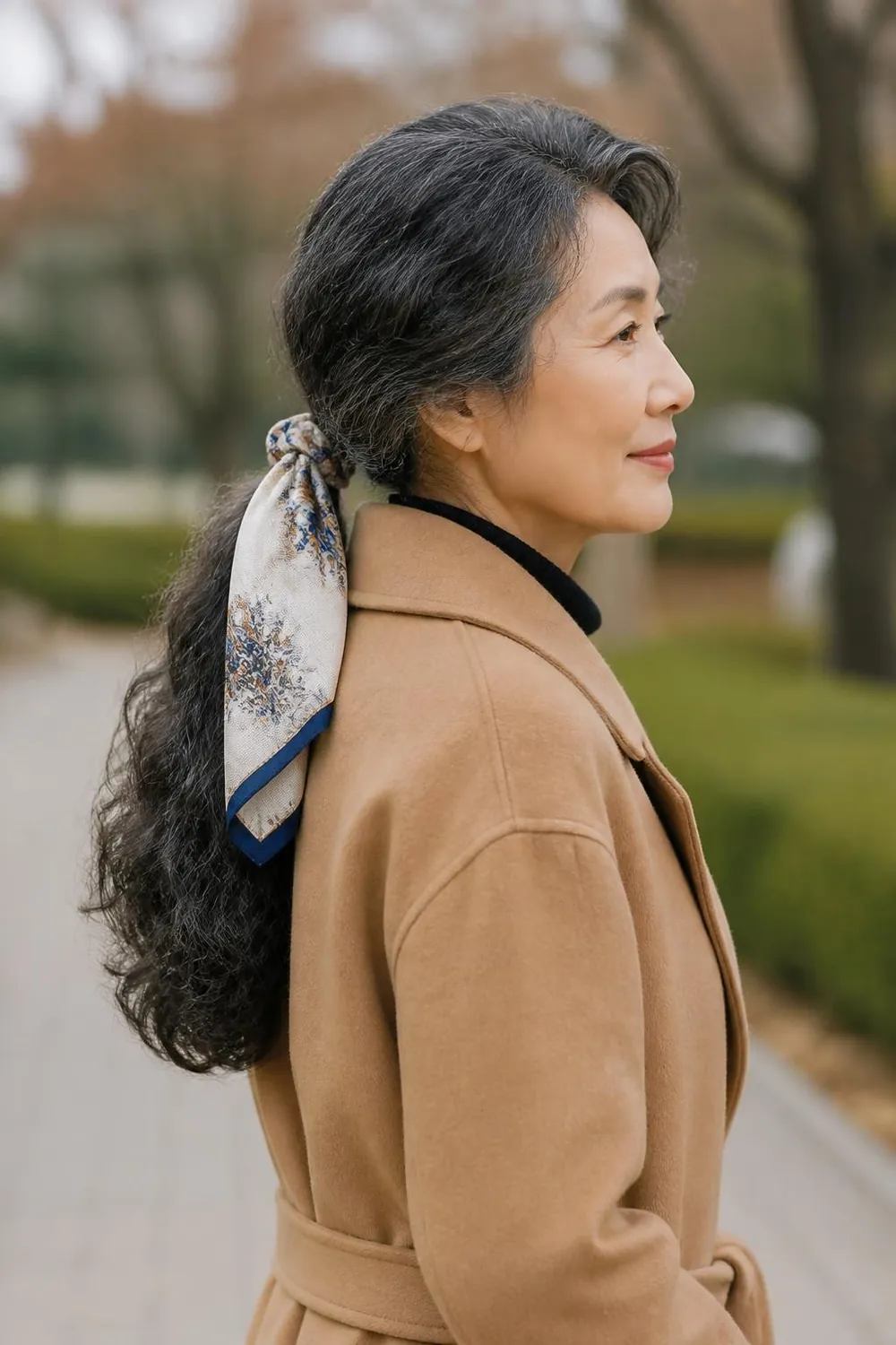 Low wavy ponytail tied with a silk scarf at the nape, side view, woman over 60