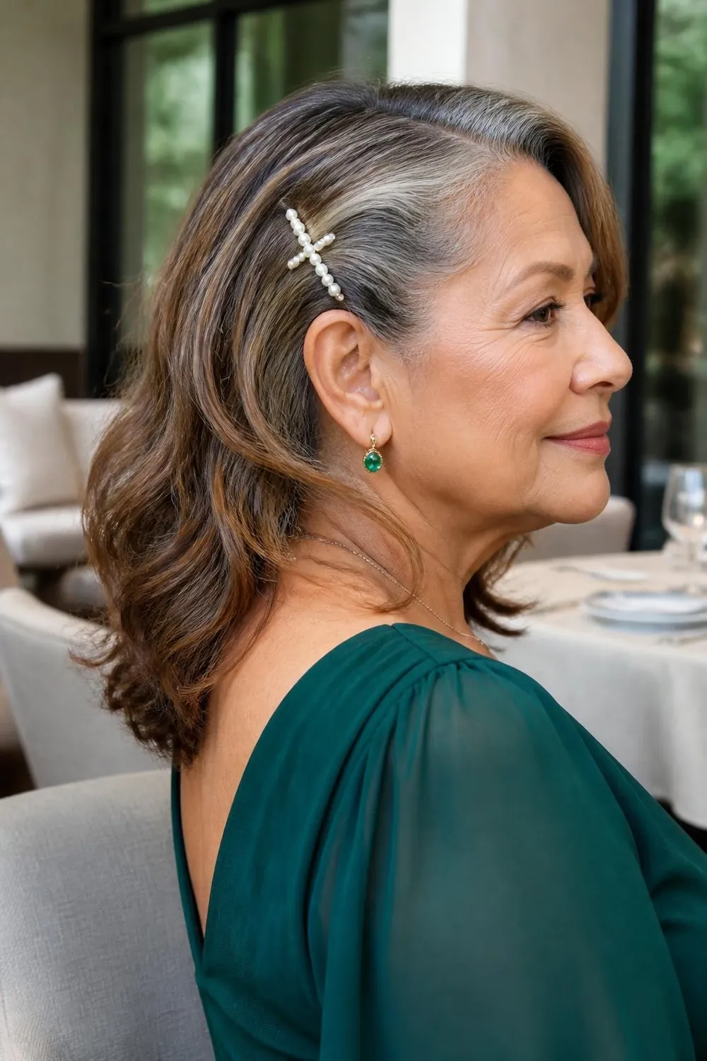 Wavy hair pinned back on one side with bobby pins, woman in her sixties