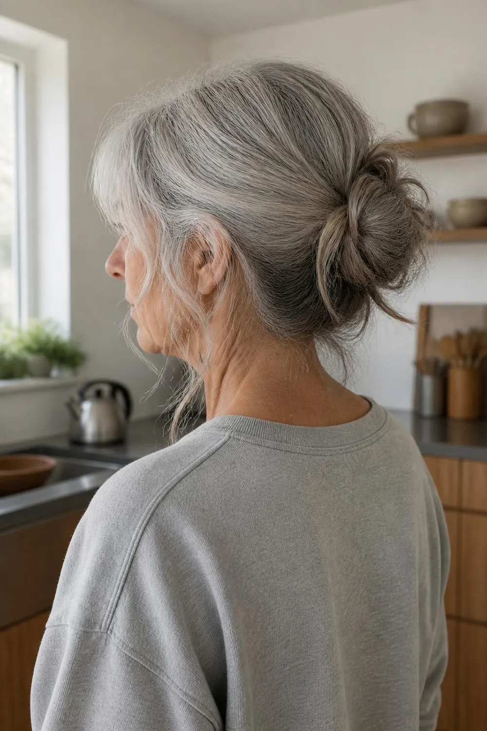 Messy bun for second-day waves with loose pieces at the nape, woman over 60