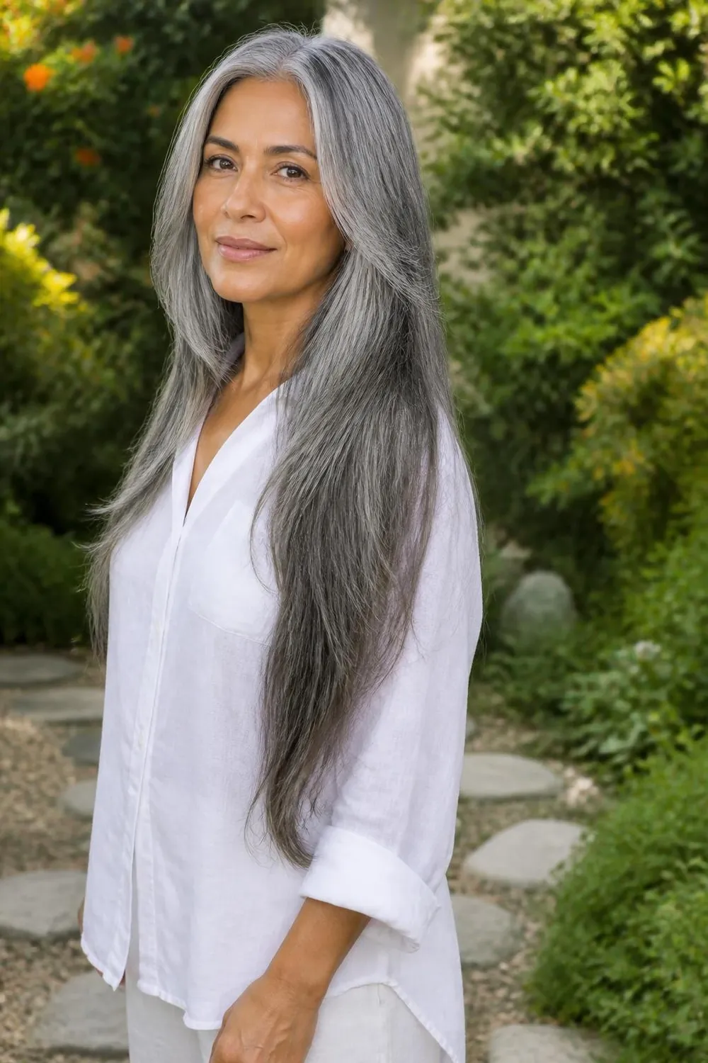 Long gray hair with face-framing layers starting at the cheekbones